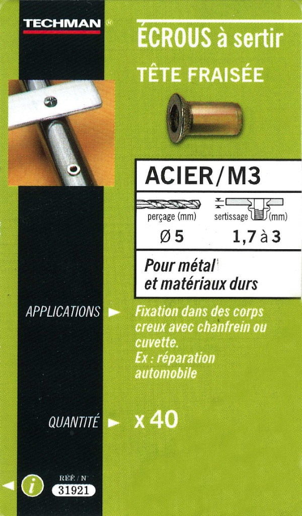40 écrous M3 à sertir acier avec tête fraisée