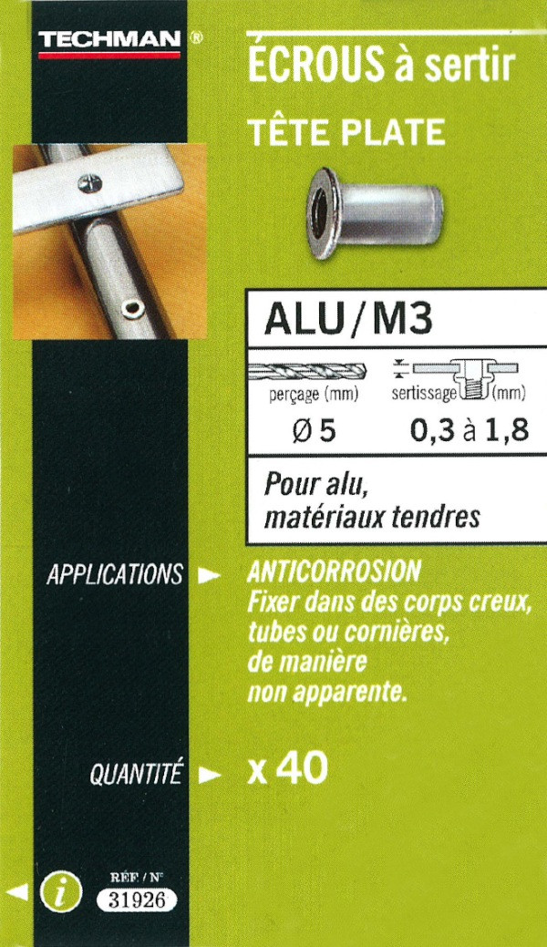 40 écrous M4 à sertir alu avec tête plate
