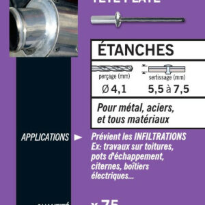 50 rivets étanches alu/acier (tête plate) Ø 4,8 x 12 mm