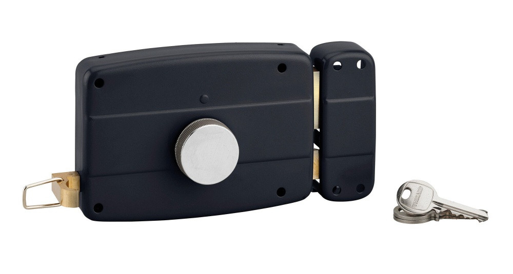 Serrure de garage en applique, horizontale à bouton, sens droit, noir THIRARD
