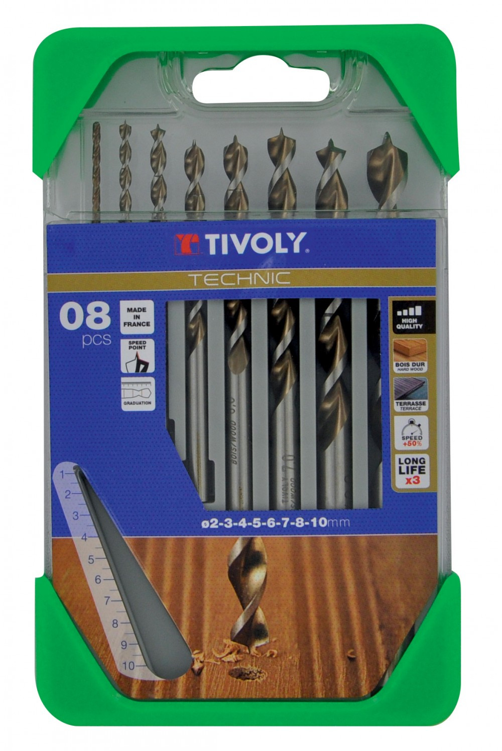 Coffret 8 forets technic bois, Diam.2-3-4-5-6-7-8-10 mm TIVOLY