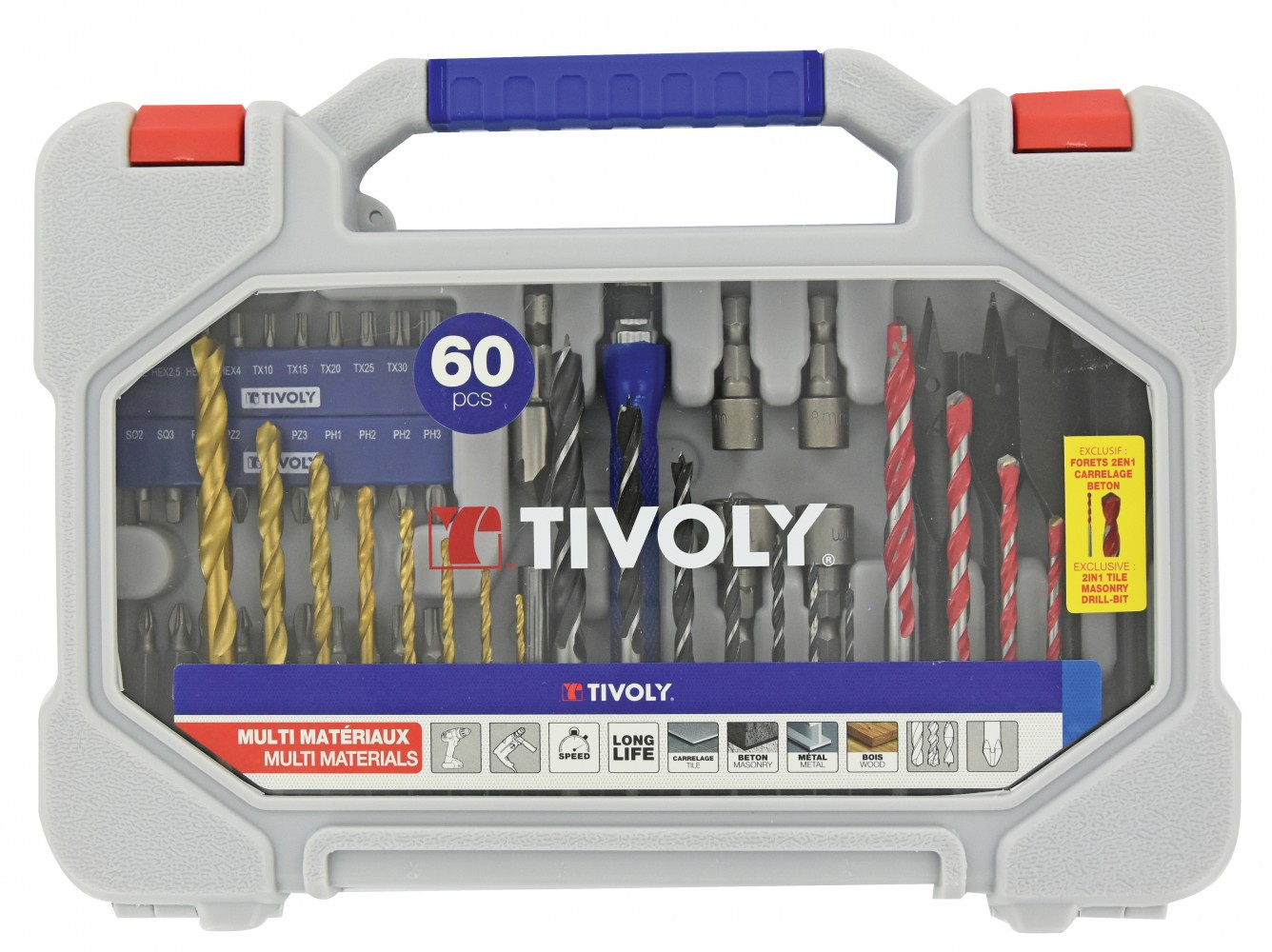 Mallette mixte 60 pièces TIVOLY pour perceuse et visseuse