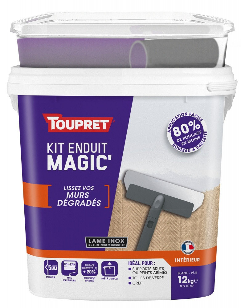Kit enduit de lissage avec outils TOUPRET Magic' mur degrade 12 kg pate allegee