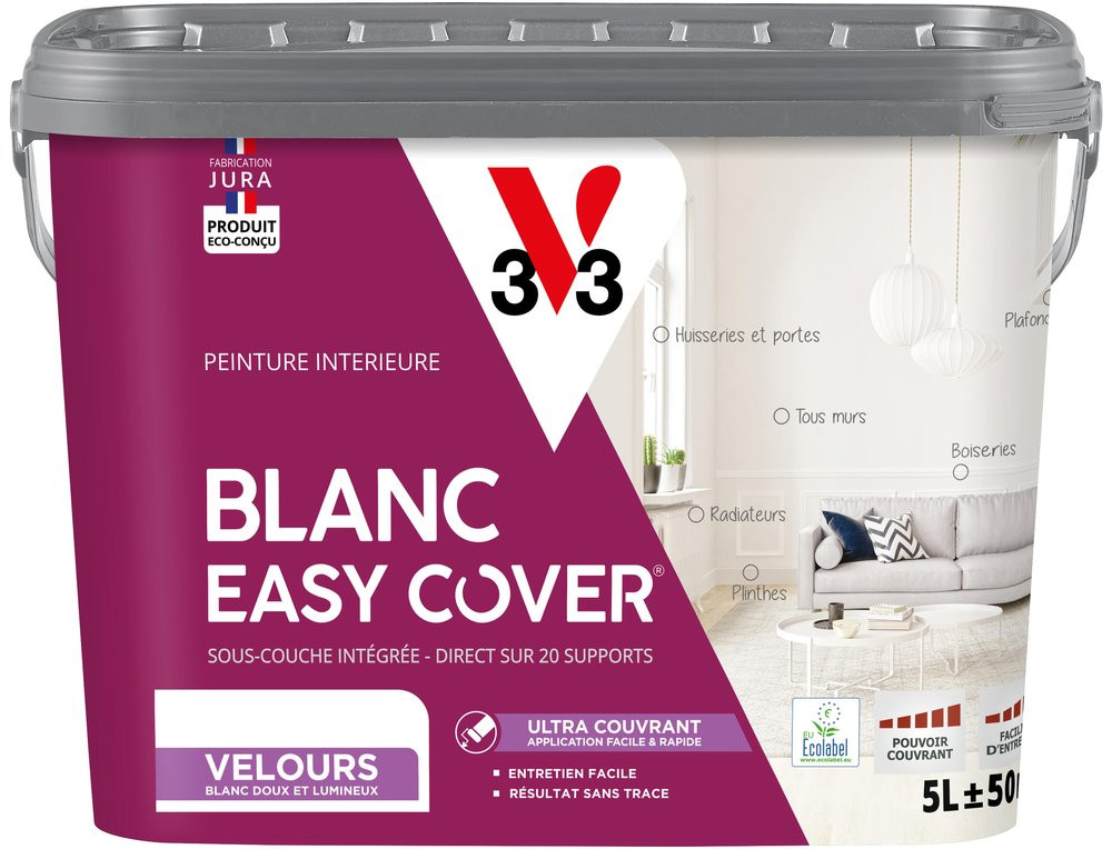 Peinture mur et plafond, boiserie blanc velours V33 Easy cover 5l