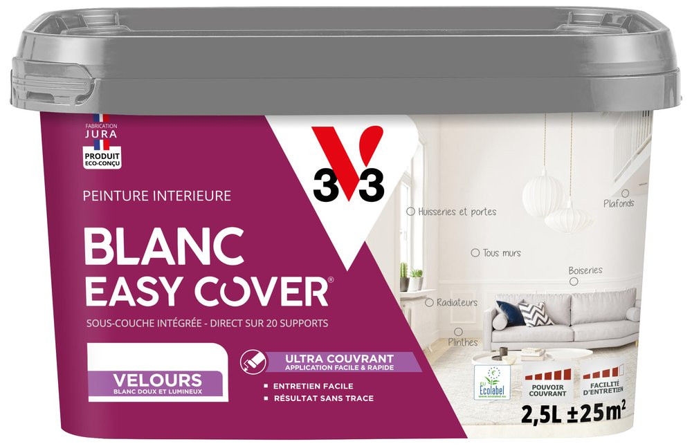 Peinture mur, plafond, boiserie blanc velours V33 Easy cover® 2.5L