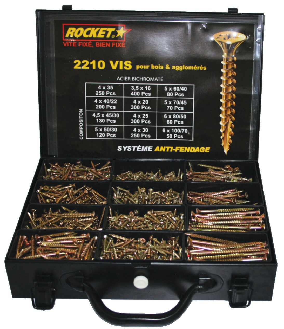 Vis à bois agglomérés tête fraisée Pozidriv anti-fendage acier bichromaté coffret de 2210 ROCKET 351400093100
