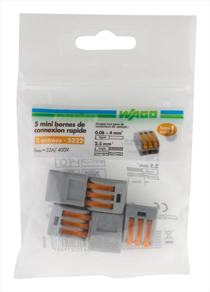 Lot de 5 bornes automatiques à levier, 2,5 mm² pour rigide et souple WAGO