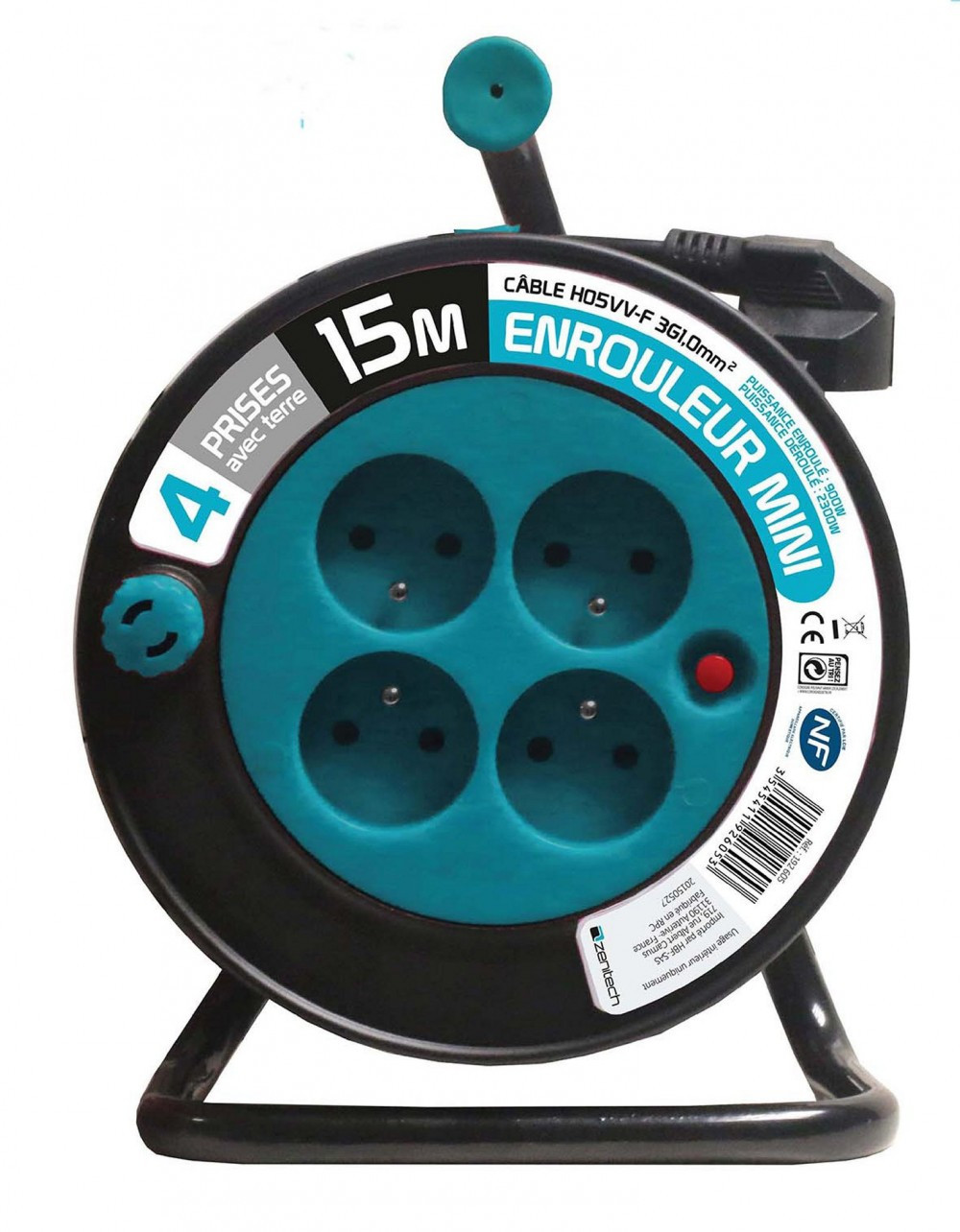 Enrouleur de câble électrique ménager avec terre L. 15 m ho5vvf 3g1, ZENITECH