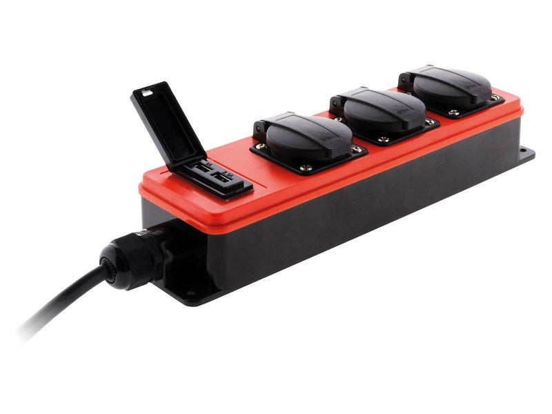 Multiprise Filaire Étanche, 3 Prises + 2 Usb, Rouge