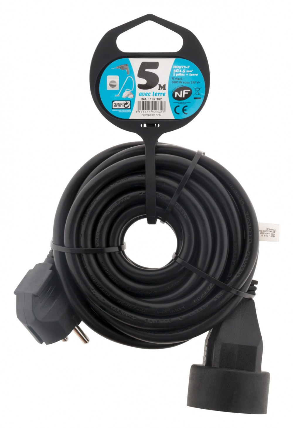 Rallonge électrique ménager avec terre L. 5 m ho5vvf 3g1.5, ZENITECH