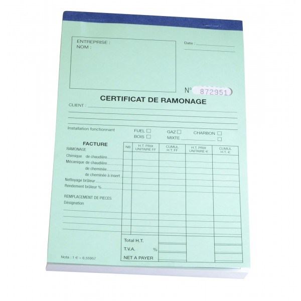 Carnet certificat annuel ramonage - 50 feuilles autocopiantes et détachables