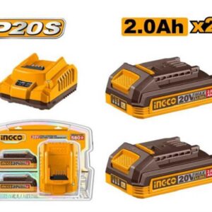 Chargeur de batteries + 2 batteries 2.0 Ah 20V - Tension entrée: 220-240 V~50/60 Hz - tension de sortie: 20V - courant de sortie 2A