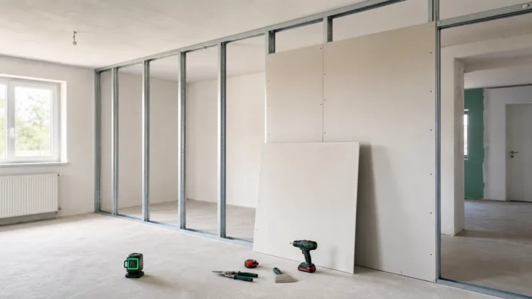 Cloison en plaques de plâtre sur rails et montants métalliques avec outils de pose