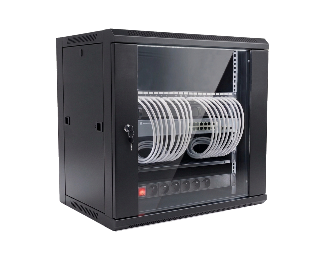 Coffret serveur 19" 12U prêt à l'emploi, 24 ports RJ45 cat6A avec switch et bloc d'alimentation