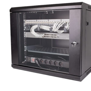 Coffret serveur 19" 9U prêt à l'emploi, 24 ports RJ45 cat6A avec switch et bloc d'alimentation