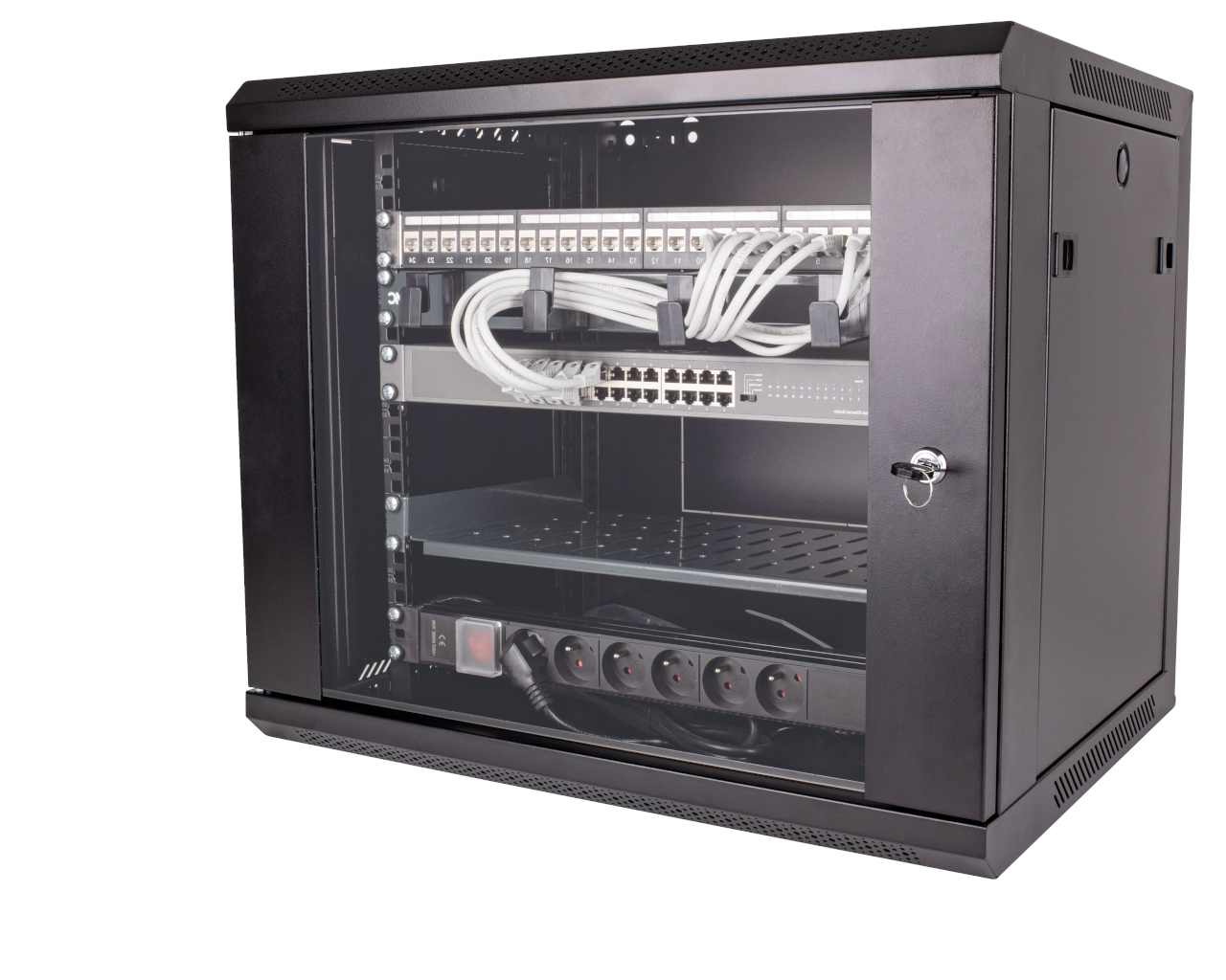 Coffret serveur 19" 9U prêt à l'emploi, 24 ports RJ45 cat6A avec switch et bloc d'alimentation