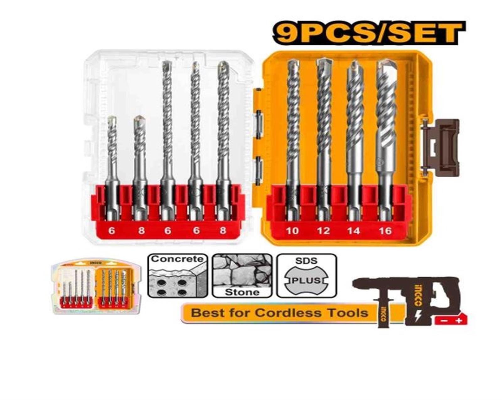 Ensemble de 9 forets pour marteau perforateur SDS Plus - Ø: 6x110mm + 8x110mm + 6x160mm + 6x160mm + 8x160mm + 10x160mm + 12x160mm + 14x160mm + 16x160mm