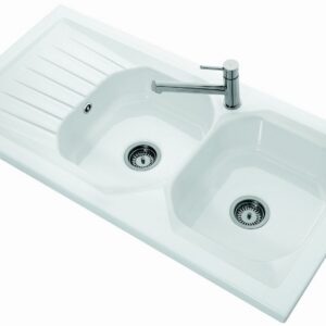 Evier 2 bacs WINDSOR PLUS - Dimensions : 120x 60 cm - En céramique - Blanc brillant - Avec égouttoir
