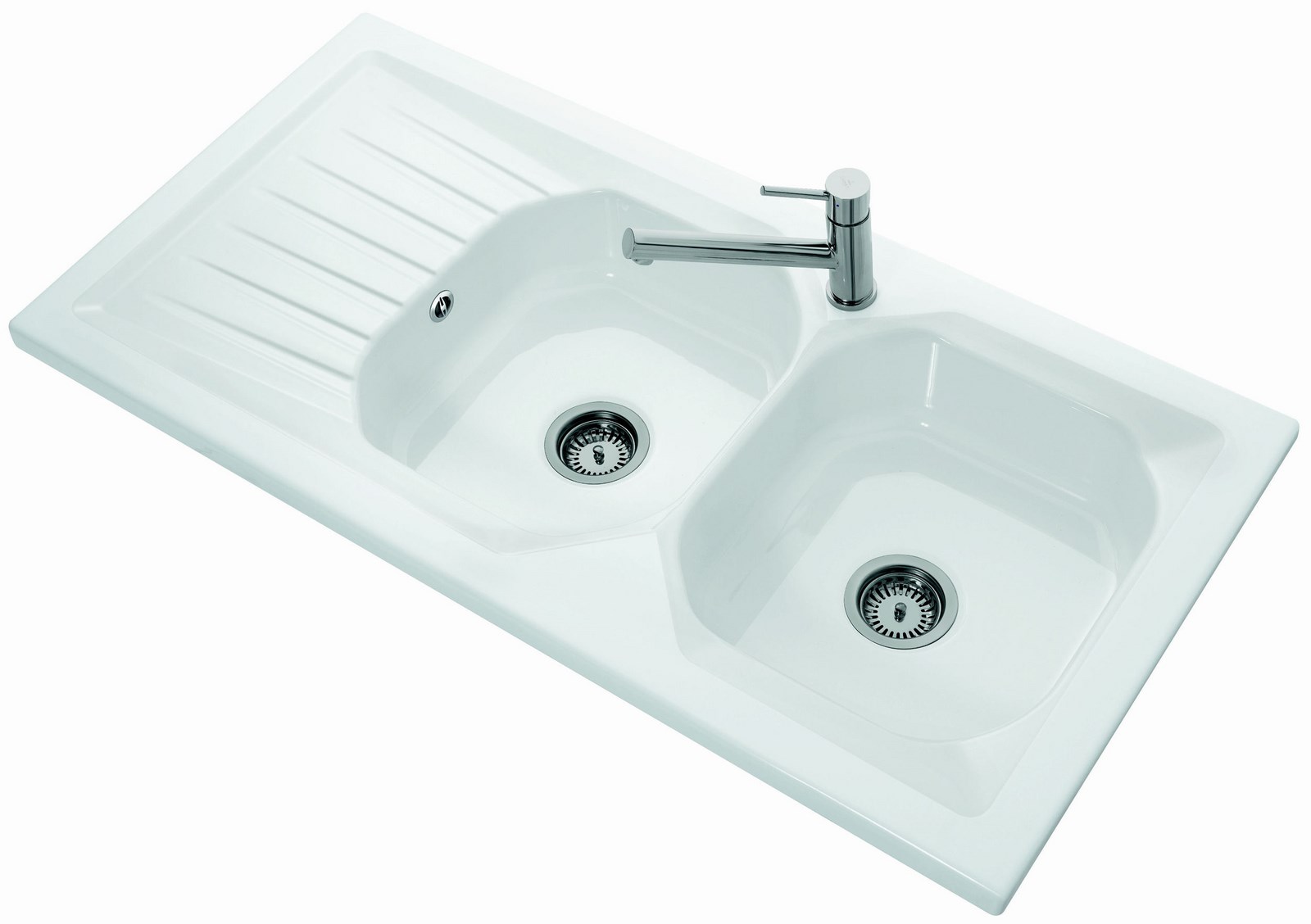 Evier 2 bacs WINDSOR PLUS - Dimensions : 120x 60 cm - En céramique - Blanc brillant - Avec égouttoir