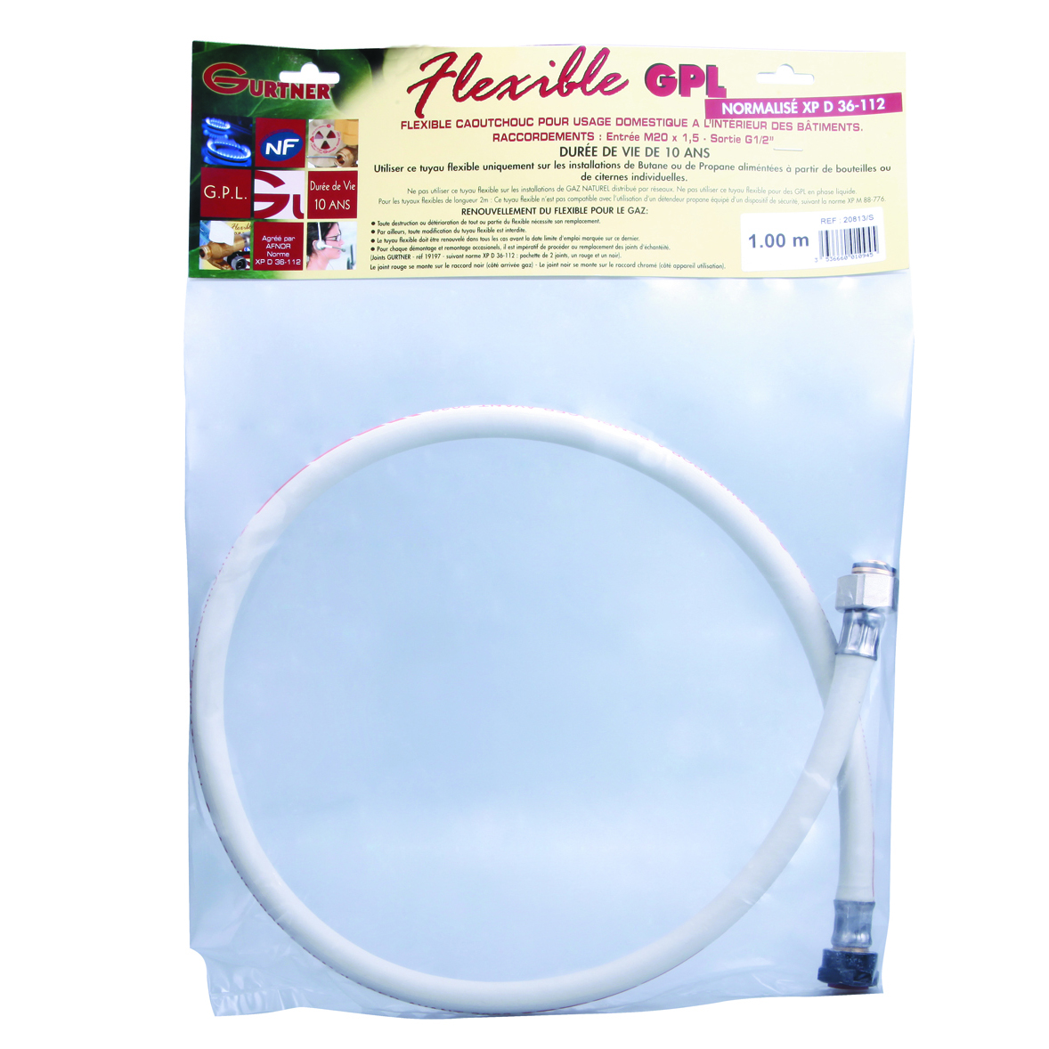 Flexible gaz caoutchouc butane/propane à embouts mécaniques - Longueur : 1 m