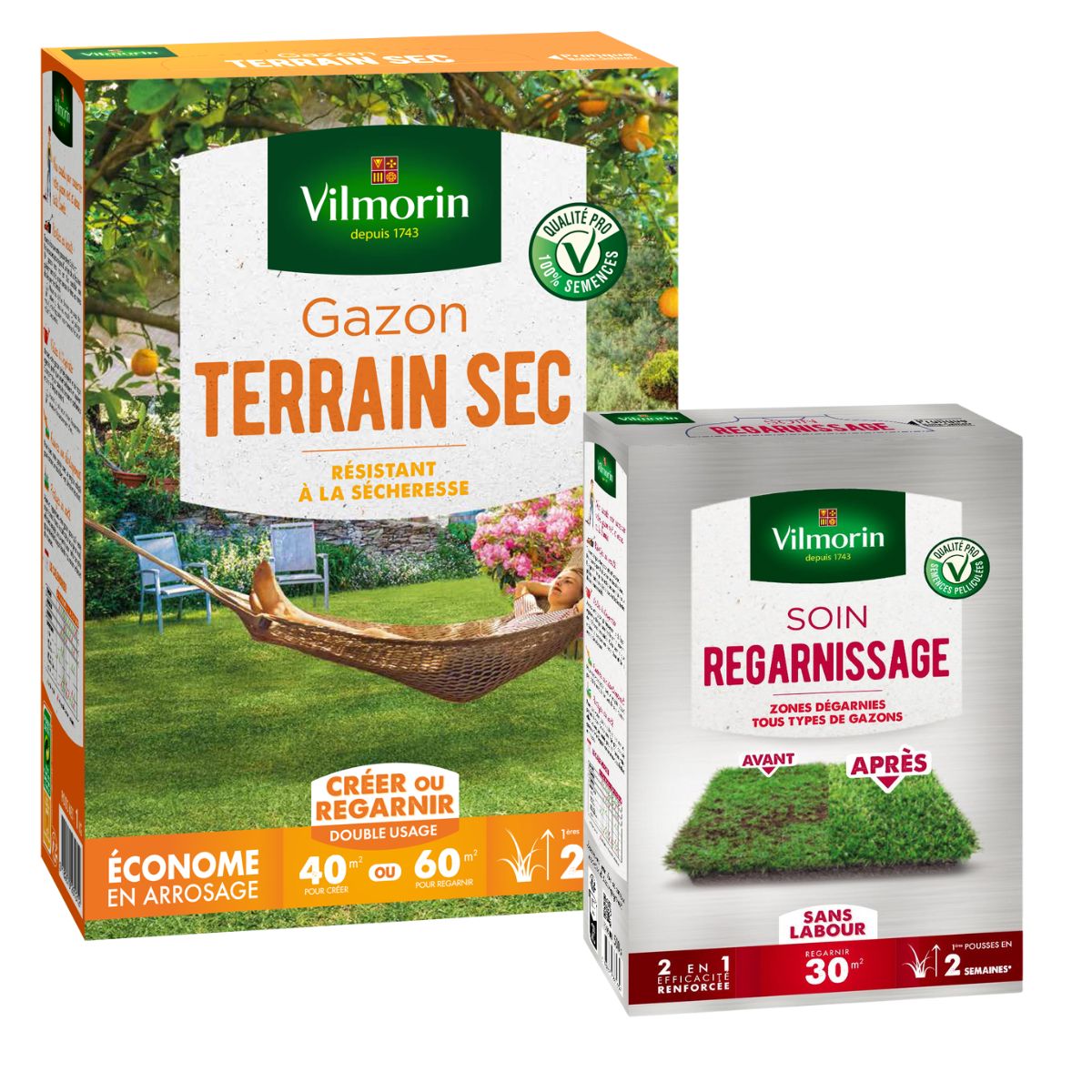 Gazon Terrain Sec - 1 kg + Soin Regarnissage Universel 2 en 1 - 500 g