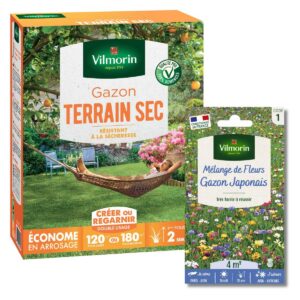 Gazon Terrain Sec - 3 kg + Gazon Japonais - 4 m² - Mélange de fleurs