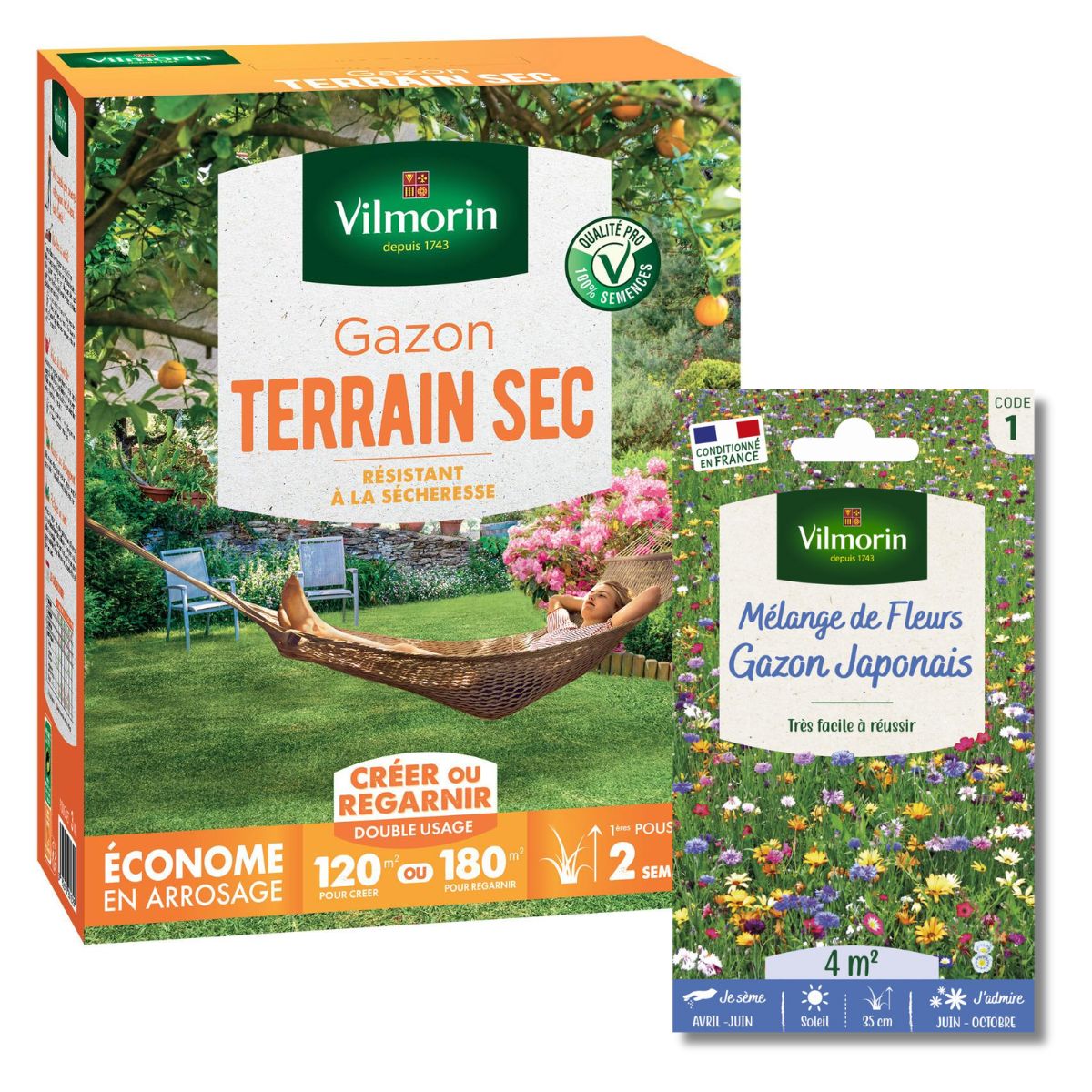 Gazon Terrain Sec - 3 kg + Gazon Japonais - 4 m² - Mélange de fleurs