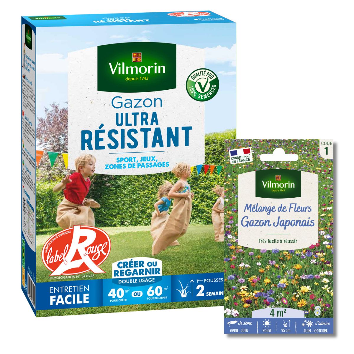Gazon Ultra Résistant - Label Rouge - 1 kg + Gazon Japonais - 4 m² - Mélange de fleurs