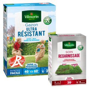 Gazon Ultra Résistant - Label Rouge - 1 kg + Soin Regarnissage Universel 2 en 1 - 500 g