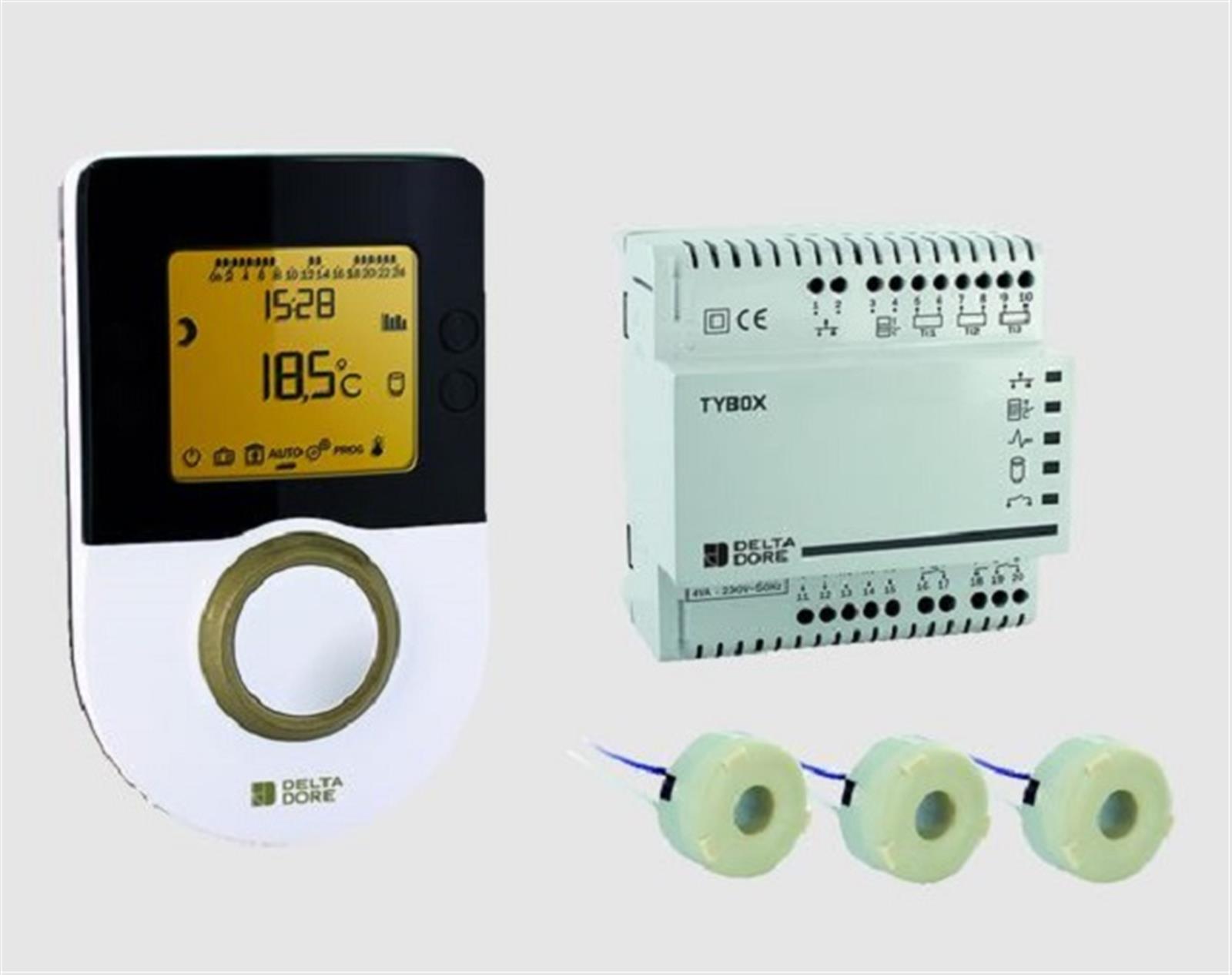 Gestionnaire d’énergie 2 zones pour chauffage électrique CALYBOX 1020 WT - Boîtier technique + boîtier ambiance + 3 TIF TORE intensité fermé 60A