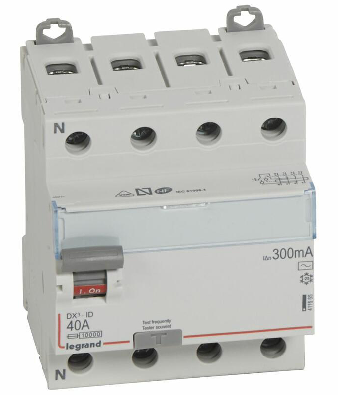Interrupteur différentiel DX³-ID arrivée haute et départ bas à vis 4P 400 V type AC 4 modules 300 mA 40 A LEGRAND 411665