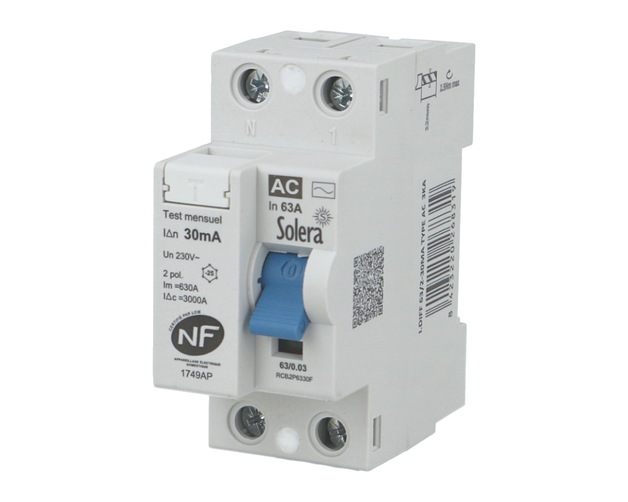 Interrupteur différentiel électrique 2P 63A / 30mA / type AC Solera