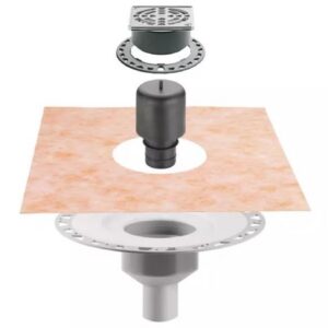 Kit complet pour évacuation sortie verticale avec siphon intégré et grille DESIGN 1 CLASSIC KERDI DRAIN - DN50 - grille inox avec vis