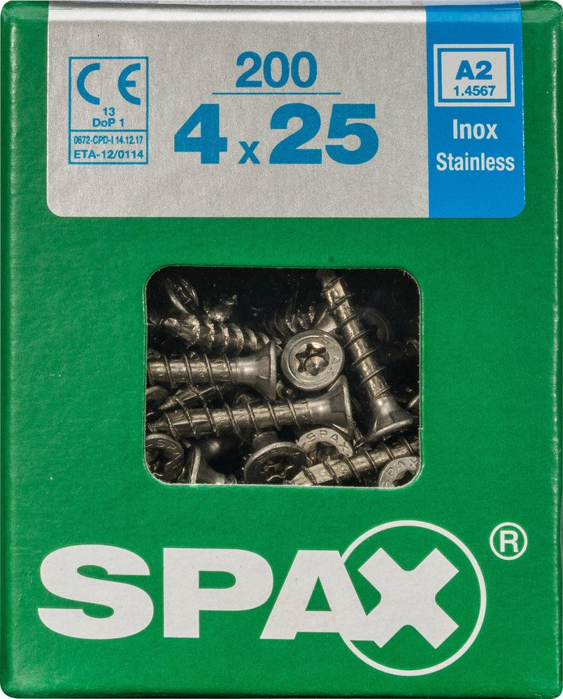 Lot De 200 Vis Inox Tête Fraisée Torx Spax, Diam.4 Mm X L.25 Mm