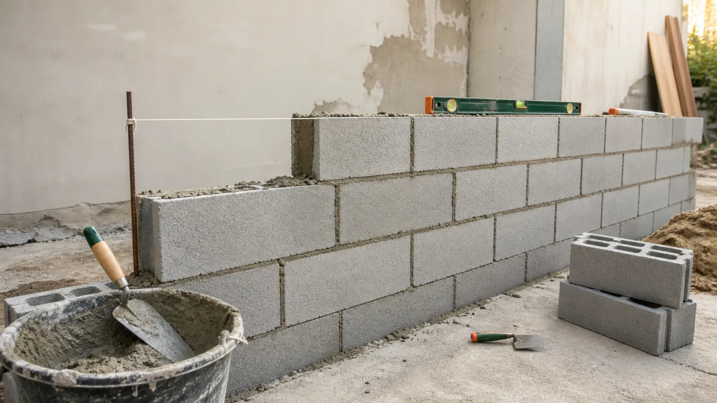 Mur en parpaings en cours de montage avec mortier, cordeau, niveau et truelles
