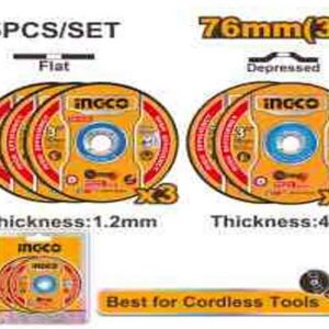 Pack de 5 disques de coupe pour métal 76 mm - Alésage: 10mm - 3 disques plats ép 1.2 mm + 2 disques déportés ép 4.0mm