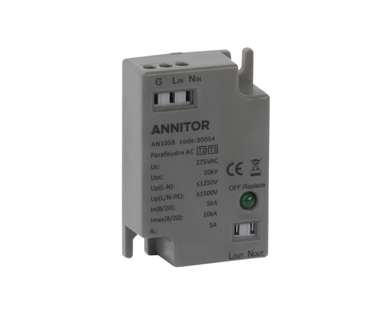 Parafoudre miniature T2+T3 traversant à bornier 2 pôles 10kA