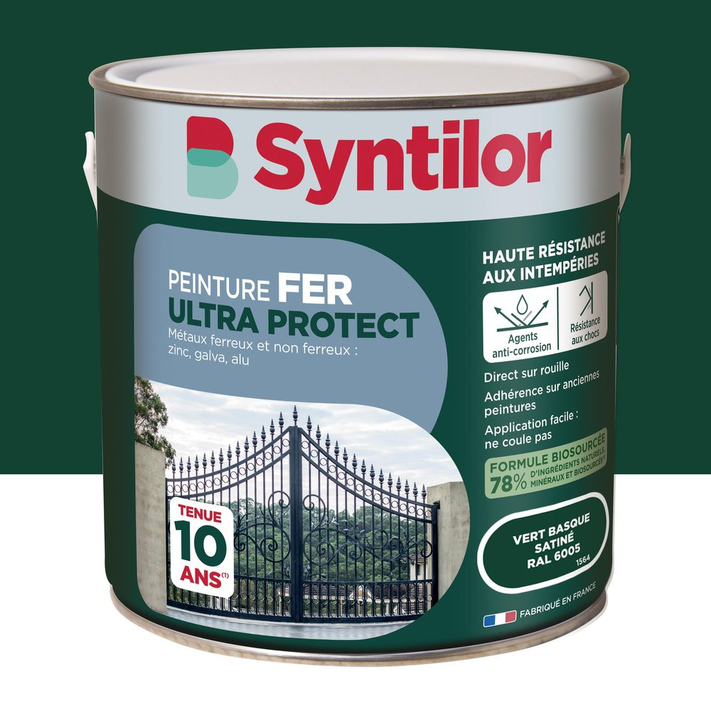 Peinture exterieure fer, aluminium Ultra protect SYNTILOR vert basque satine 2l