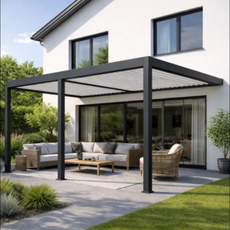 Pergola bioclimatique motorisée adossée 8 x 4 m - aluminium anthracite et blanc - double motorisation