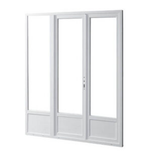 Porte fenêtre PVC 2 vantaux ouverture à la française soubassement avec un latéral fixe