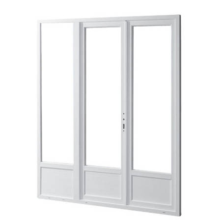 Porte fenêtre PVC 2 vantaux ouverture à la française soubassement avec un latéral fixe
