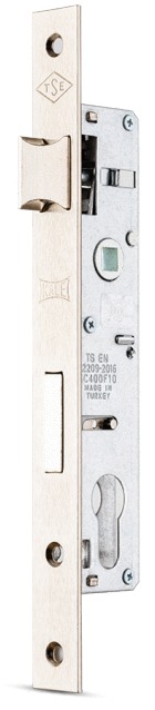 Serrure monopoint à larder profil étroit pêne dormant demi-tour têtière inox entraxe 85 mm axe 20 mm KALE KILIT 153/20