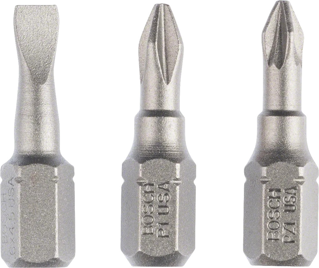 Set de 3 embouts de vissage courts 1/4'' qualité extra-dure PH1 - PZ1 - S0,6x4,5 L 25 mm BOSCH 2607001765