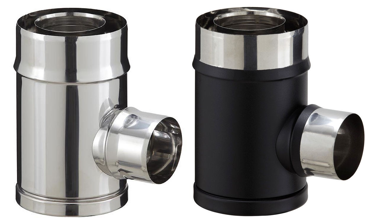 Té de branchement inox pour poêle à granulés - PGI pour poêles à Pellets - Diamètre 80/130 - Finition : Noir mat (piquage simple paroi)