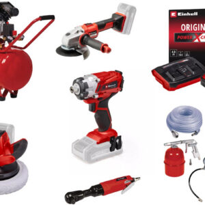 Kit garage et atelier Einhell - Visseuse - meuleuse - polisseuse - compresseur + accessoires et batteries
