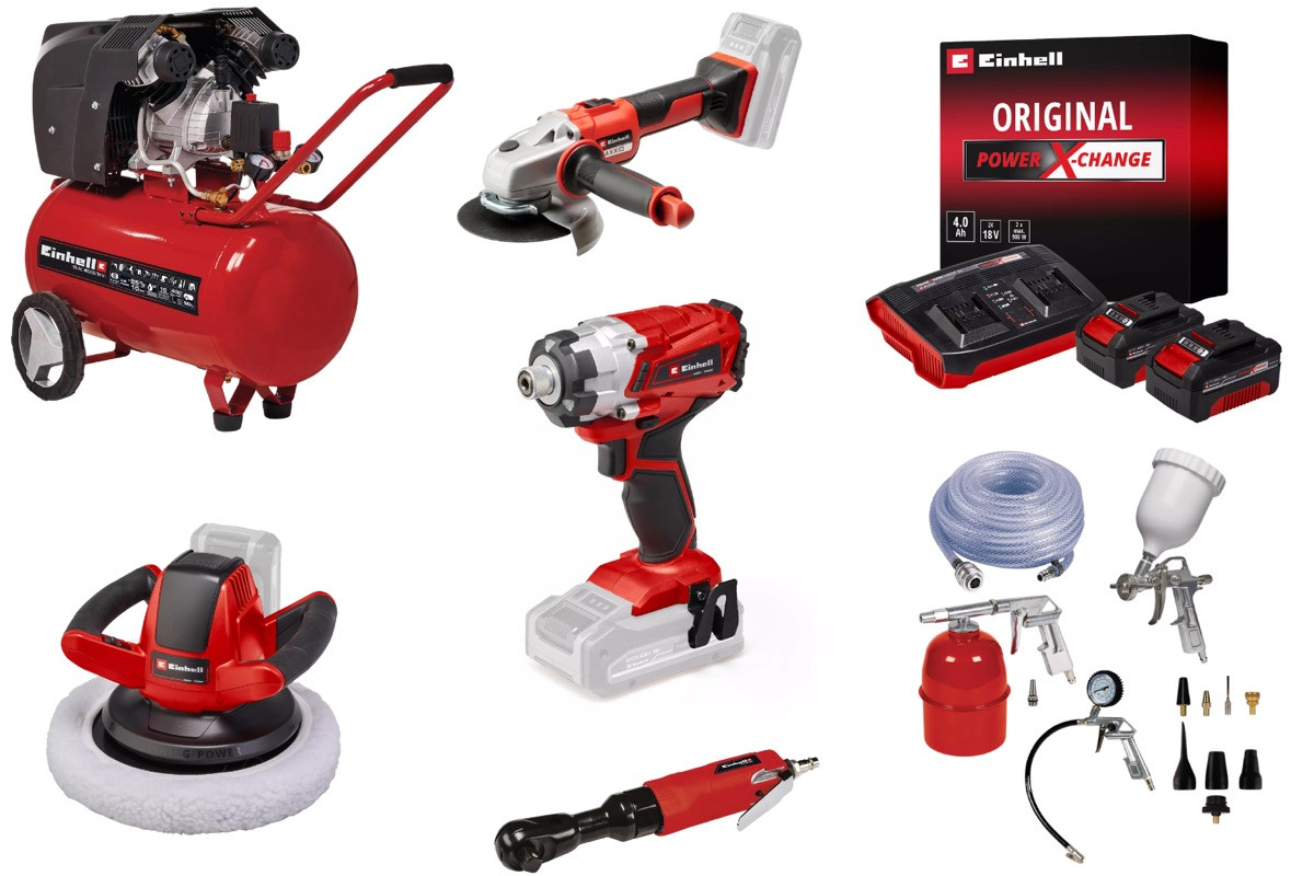 Kit garage et atelier Einhell - Visseuse - meuleuse - polisseuse - compresseur + accessoires et batteries
