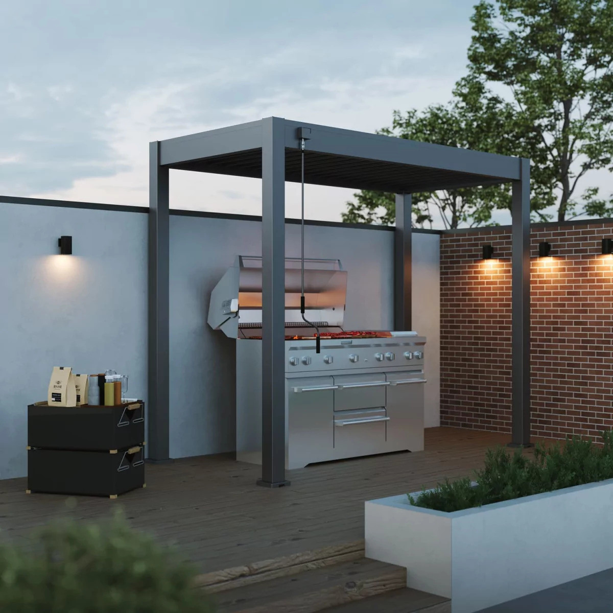 Pergola barbecue 3 x 1,5 m à lames orientables - aluminium - toit étanche avec drainage intégré
