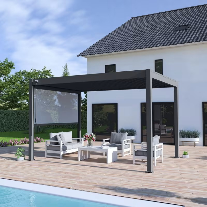 Pergola bioclimatique autoportante 4 x 3 m à lames orientables - aluminium - stores latéraux intégrés