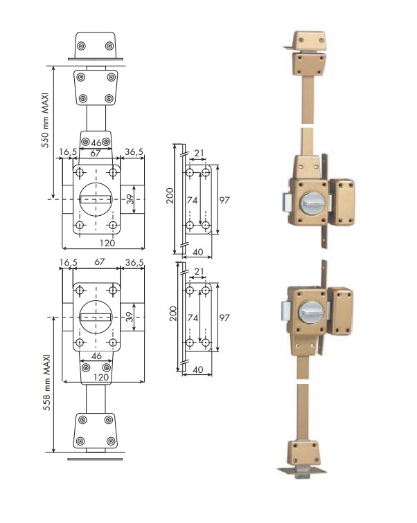 Verrou 4 points Zenith 1550 haut et bas à bouton cylindre de 45 mm droit ISEO 15500451.5